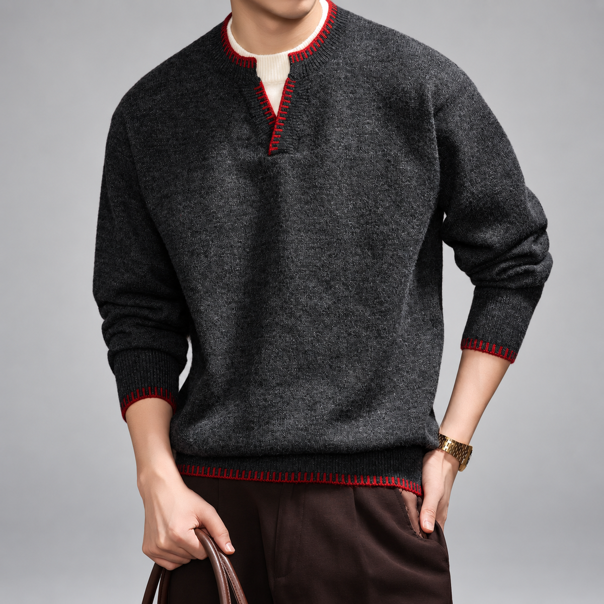 Montaro Men's Notch-Neck Knit Sweater with Red Contrast Trim