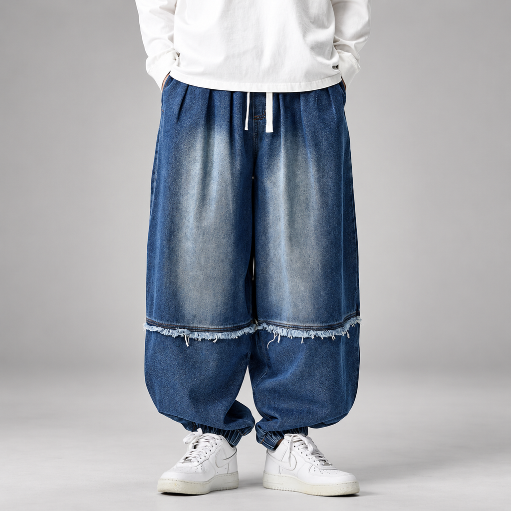 Alistair Men’s Balloon Fit Denim Joggers with Frayed Seams