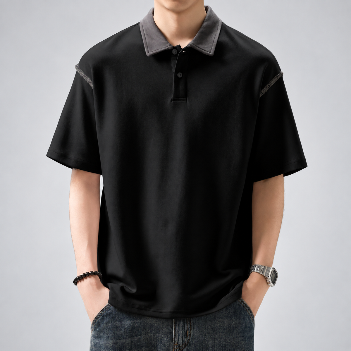 Lazare Men's Contrast Stitch Polo Shirt with Button Placket