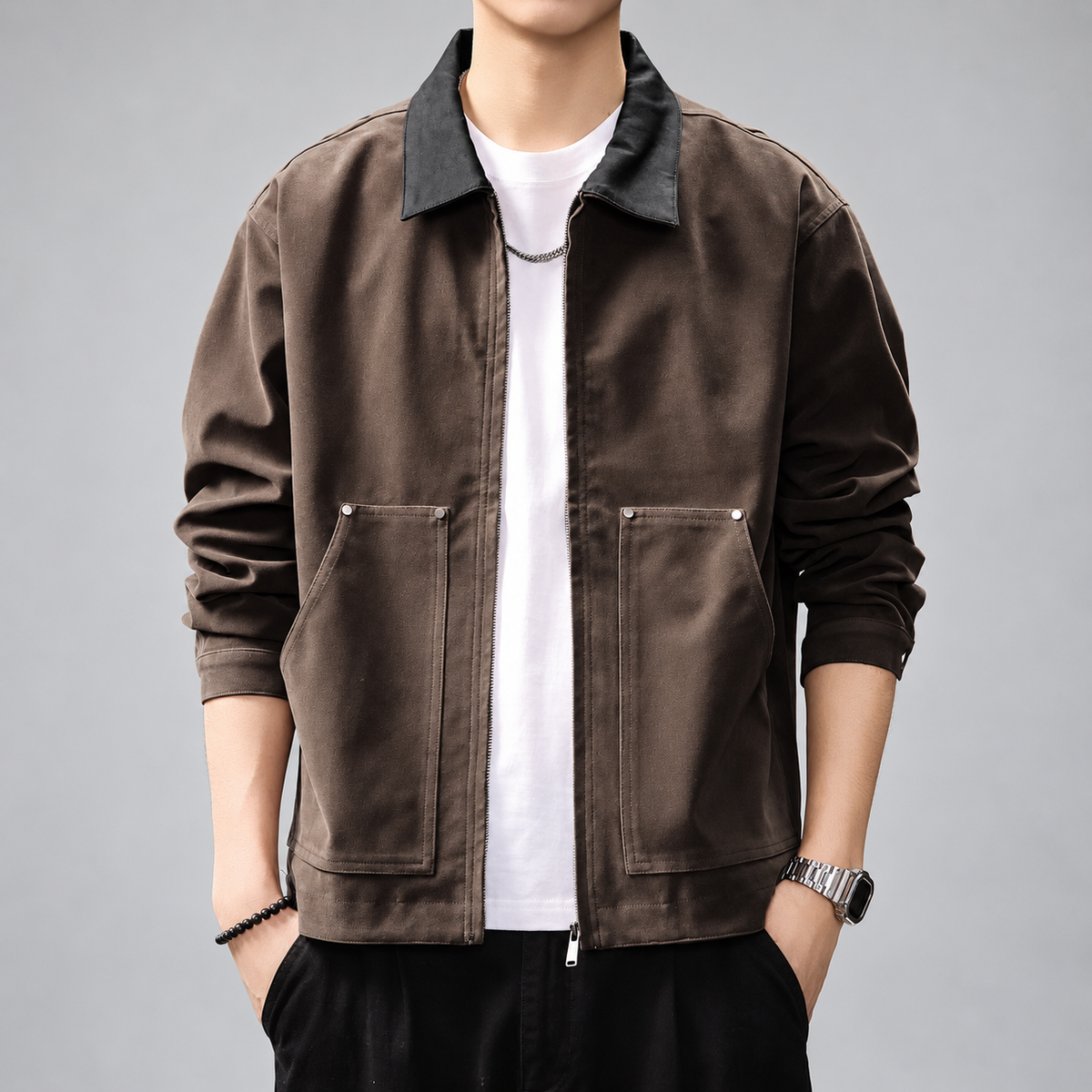 Weston Men's Contrast-Collar Zip-Front Workwear Jacket