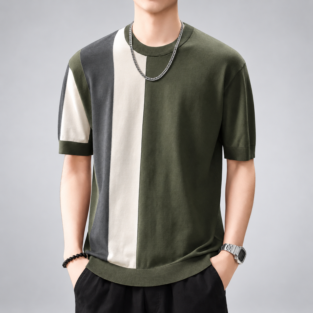Cosmin Men's Color Block Short Sleeve Knit Crewneck Shirt