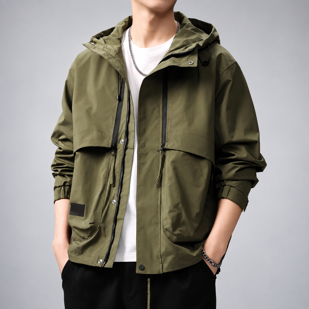 Wystan Men's Hooded Utility Jacket with Drawstring Hood