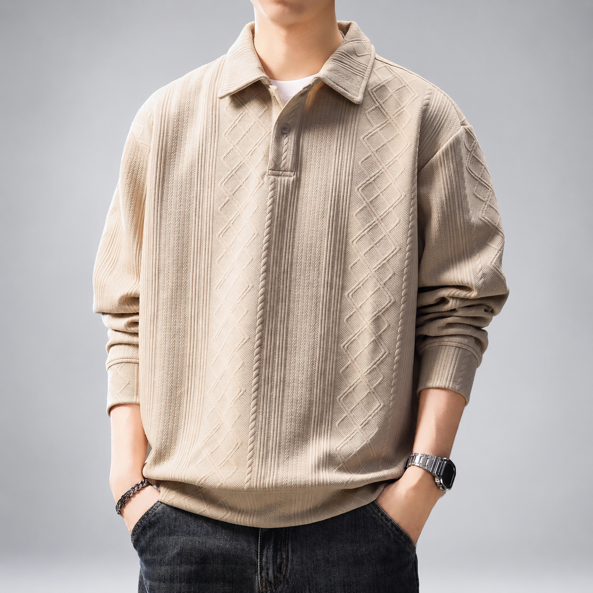 Elliot Men's Diamond Textured Long Sleeve Polo Pullover