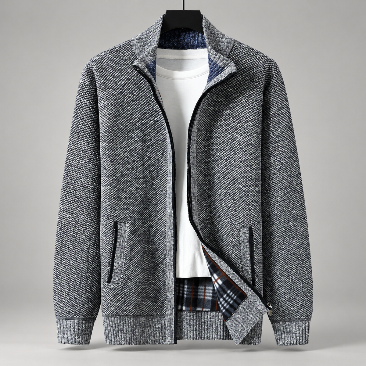 Ashford Men's Textured Knit Full-Zip Cardigan with Stand Collar