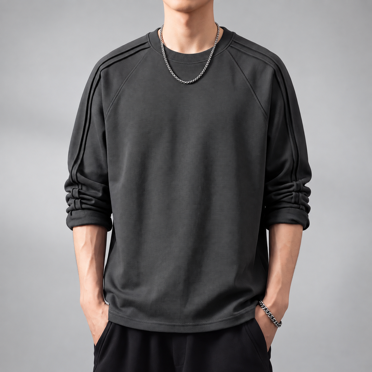 Raffaele Men's Textured Crewneck Pullover with Raglan Sleeves
