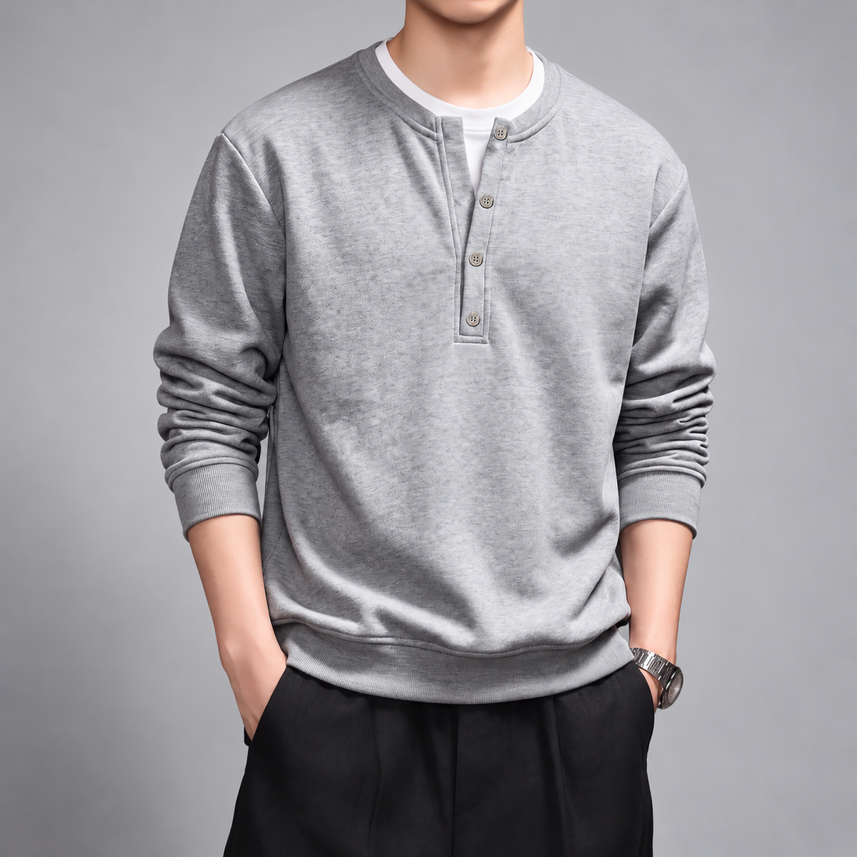 Clemente Men's Long-Sleeve Henley Pullover with Ribbed Hem