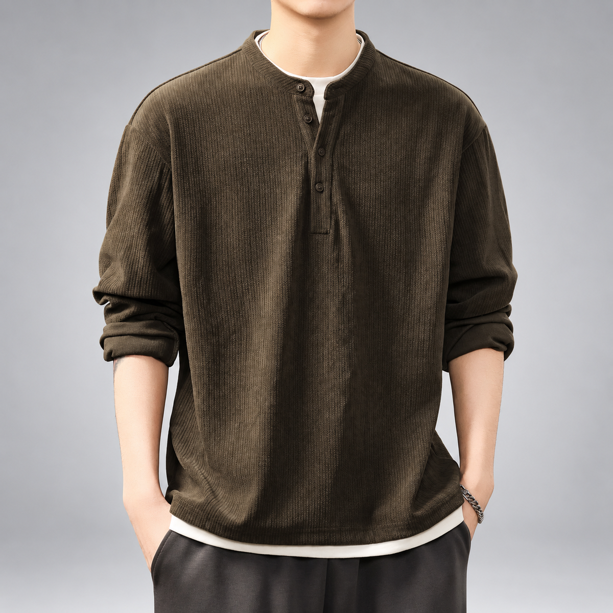 Tiberio Men’s Four-Button Henley Shirt with Stand Collar