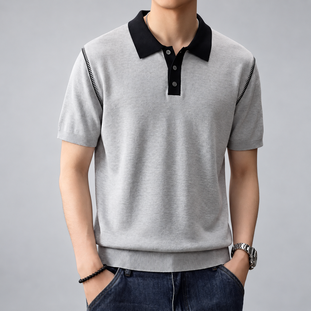 Fineas Men's Short Sleeve Knit Polo Shirt with Contrast Collar