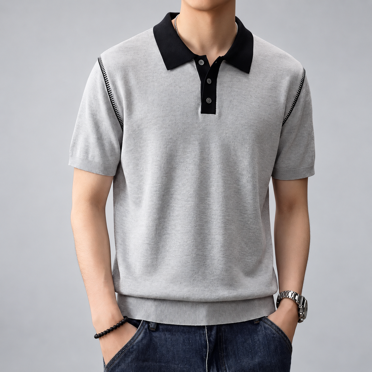 Fineas Men's Short Sleeve Knit Polo Shirt with Contrast Collar