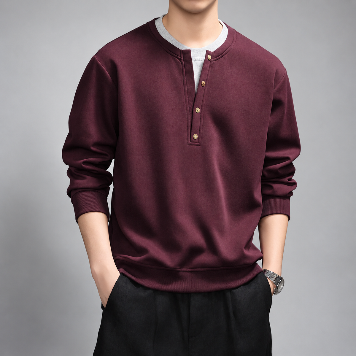 Clemente Men's Long-Sleeve Henley Pullover with Ribbed Hem