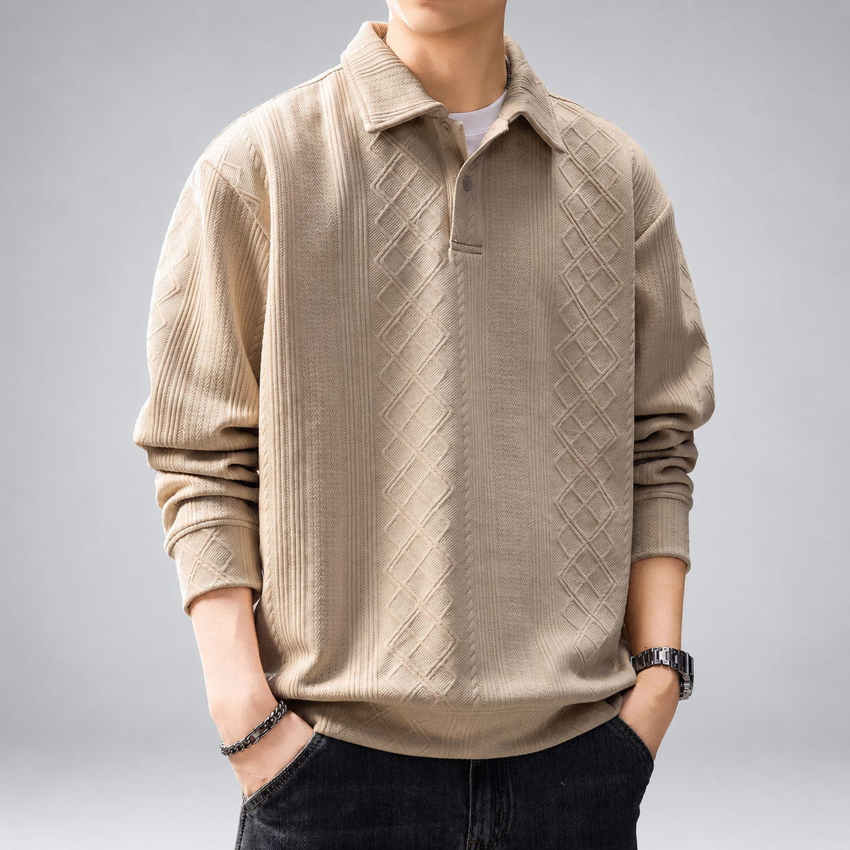 Elliot Men's Diamond Textured Long Sleeve Polo Pullover