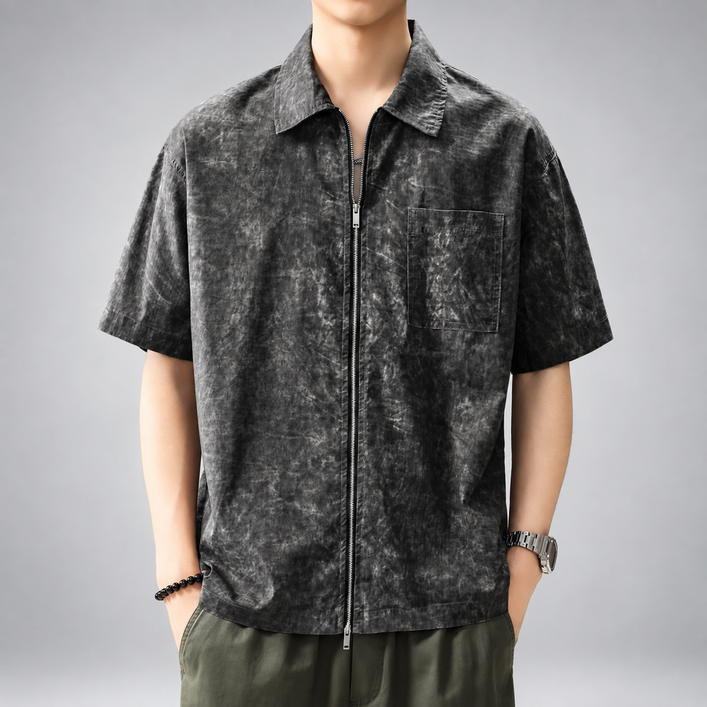Pierluigi Men's Relaxed Short-Sleeve Collared Shirt with Two-Way Zipper