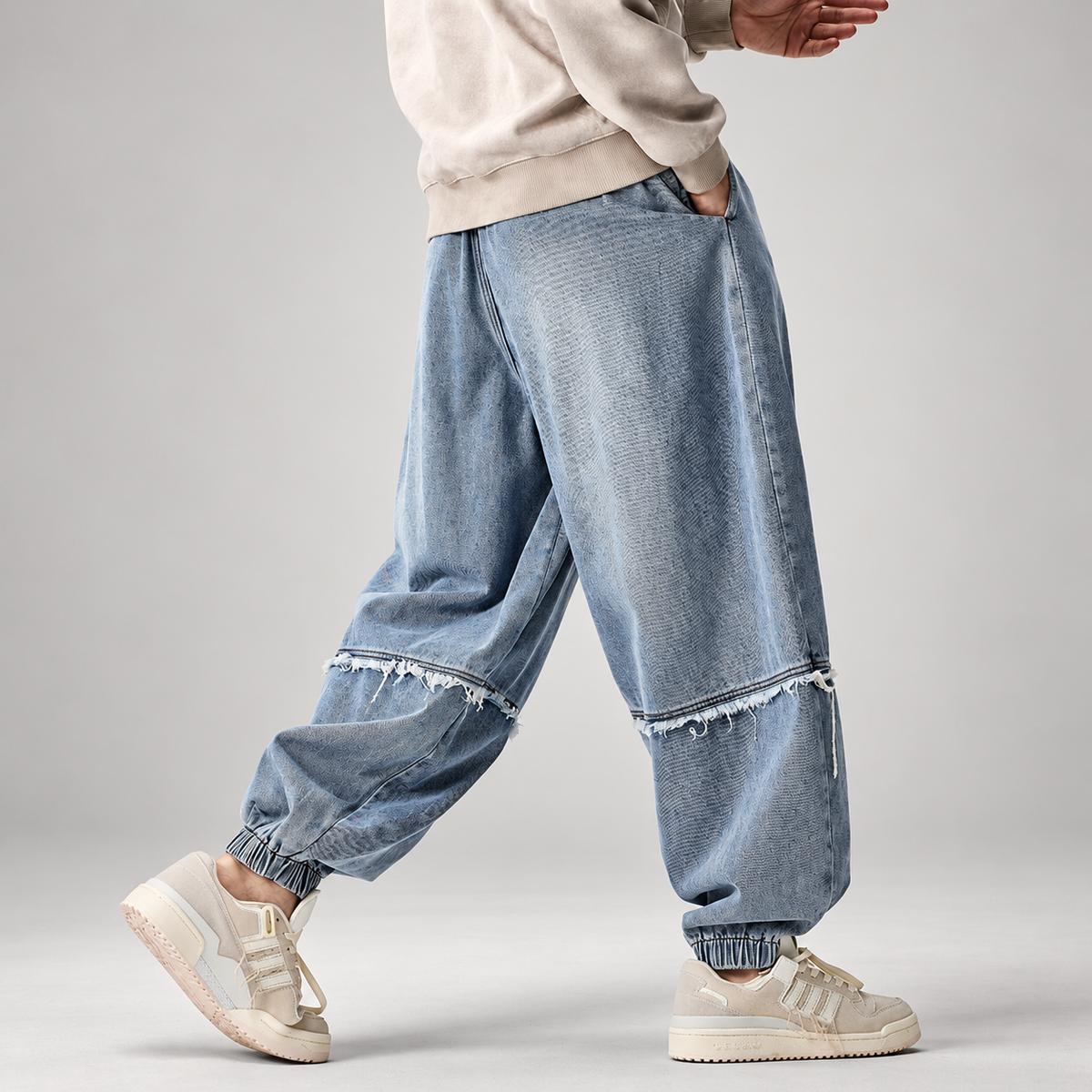 Alistair Men’s Balloon Fit Denim Joggers with Frayed Seams