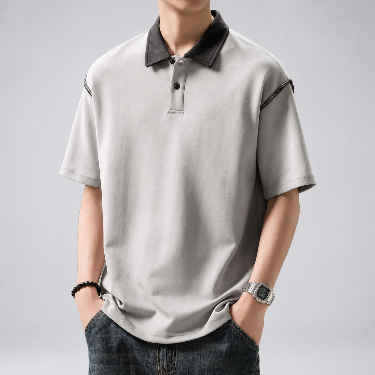 Lazare Men's Contrast Stitch Polo Shirt with Button Placket
