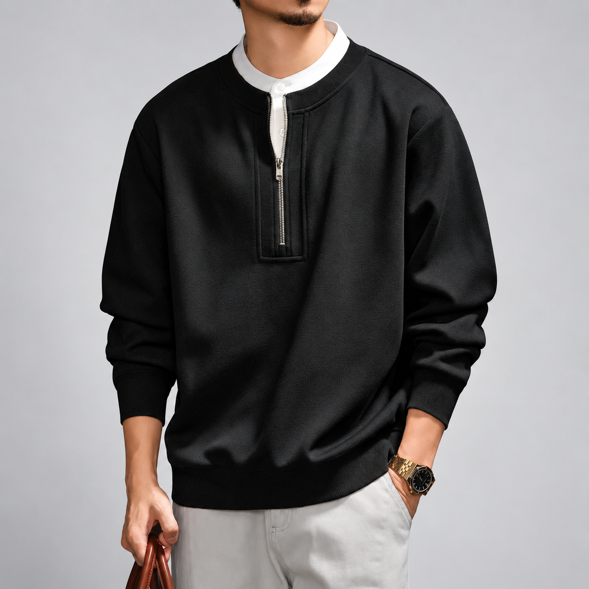 Severino Men's Textured Half-Zip Pullover with Ribbed Trim