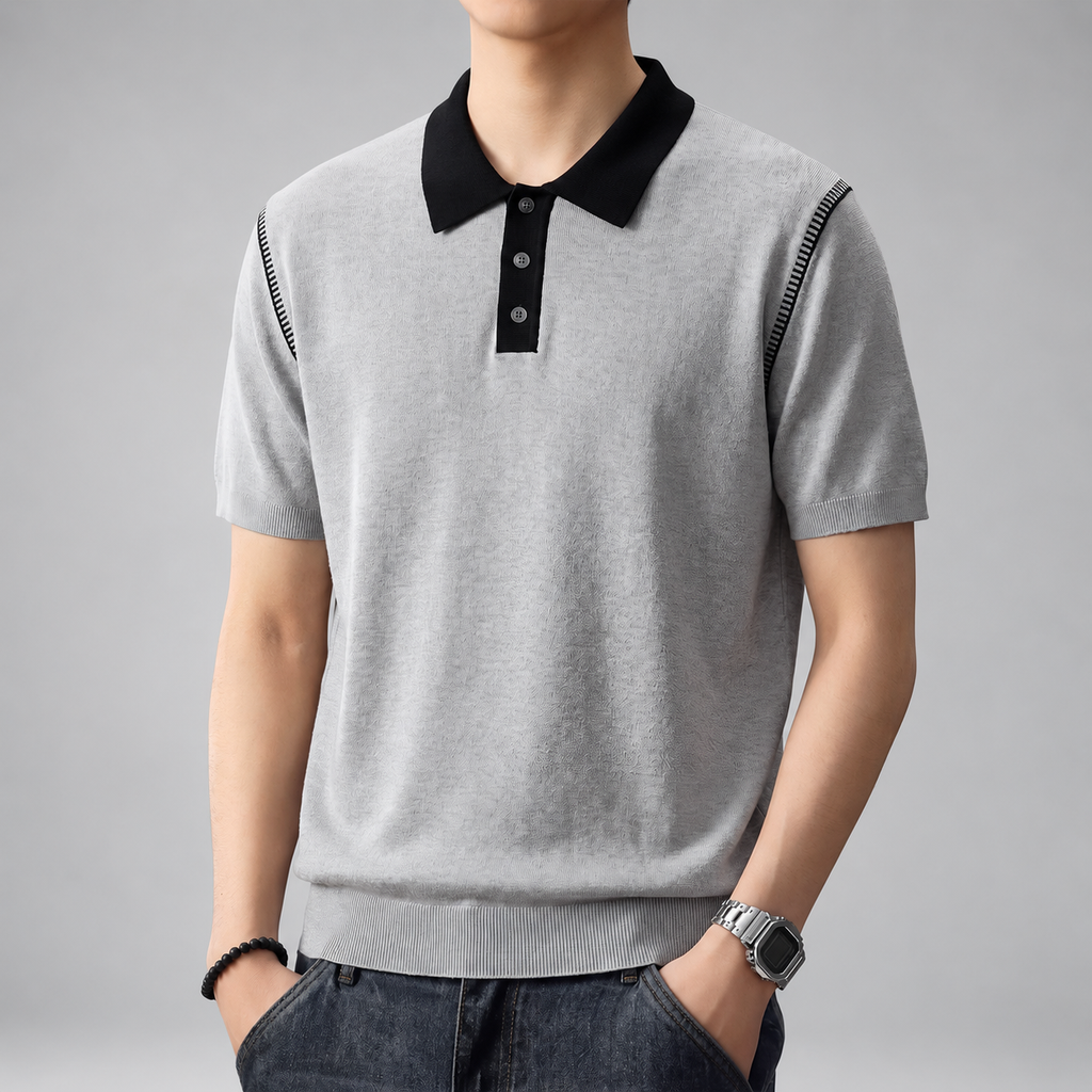 Fineas Men's Short Sleeve Knit Polo Shirt with Contrast Collar