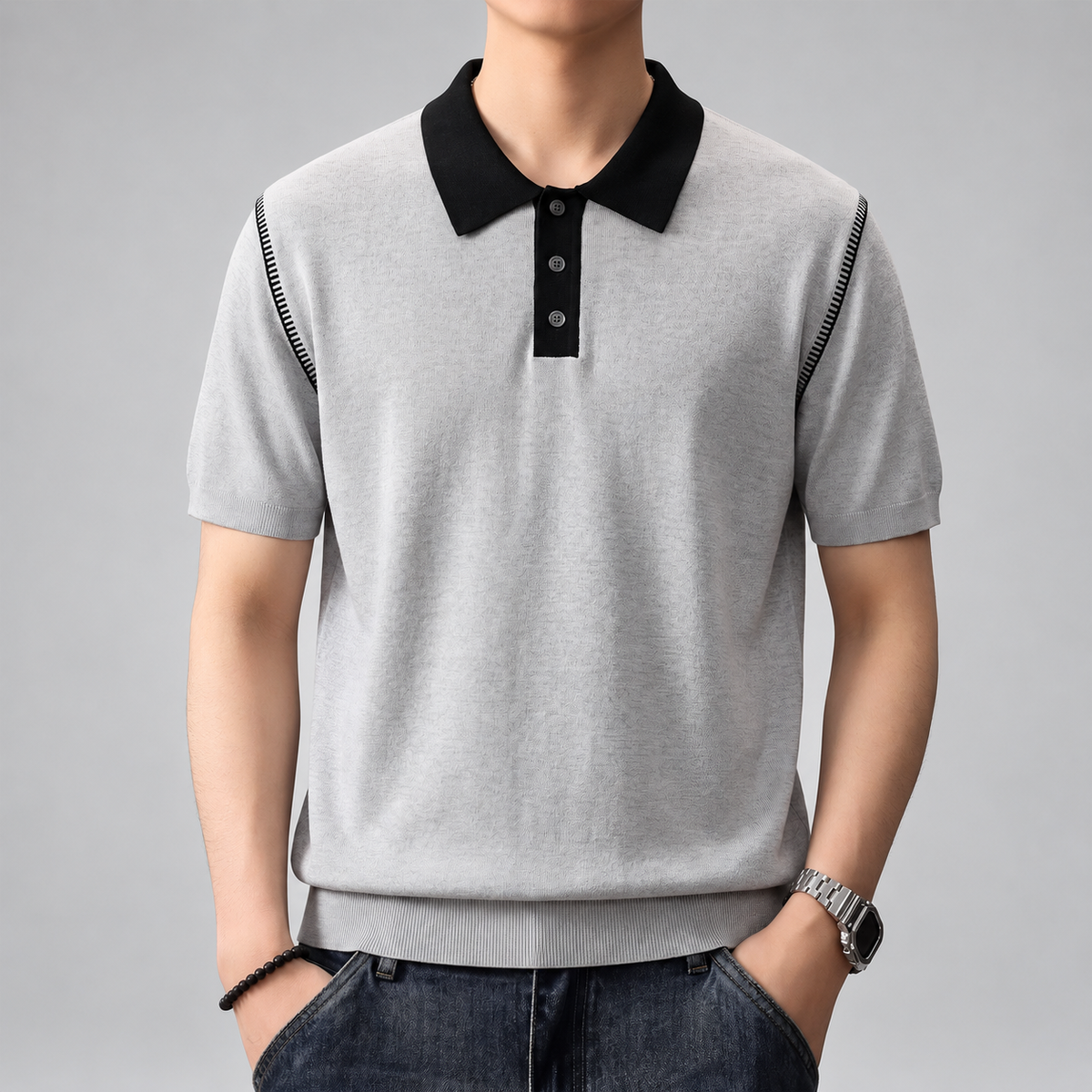 Fineas Men's Short Sleeve Knit Polo Shirt with Contrast Collar