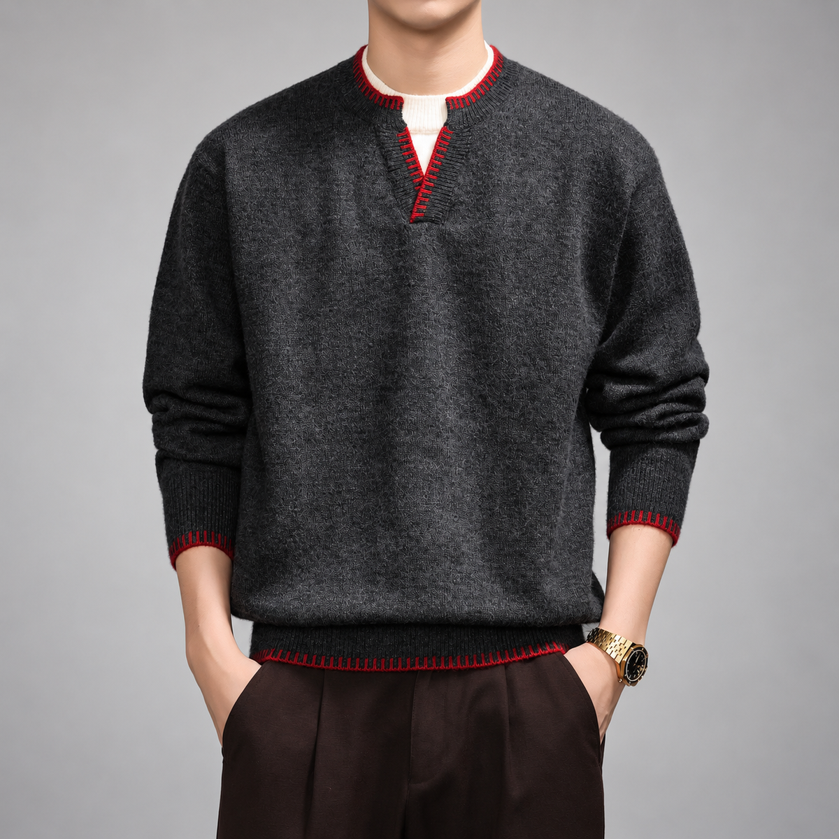 Montaro Men's Notch-Neck Knit Sweater with Red Contrast Trim