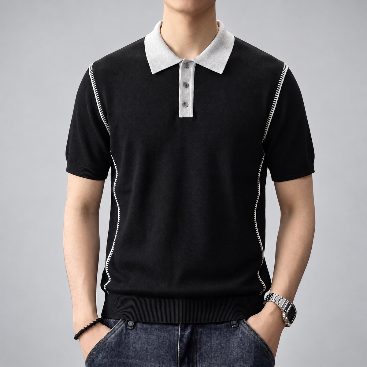 Fineas Men's Short Sleeve Knit Polo Shirt with Contrast Collar