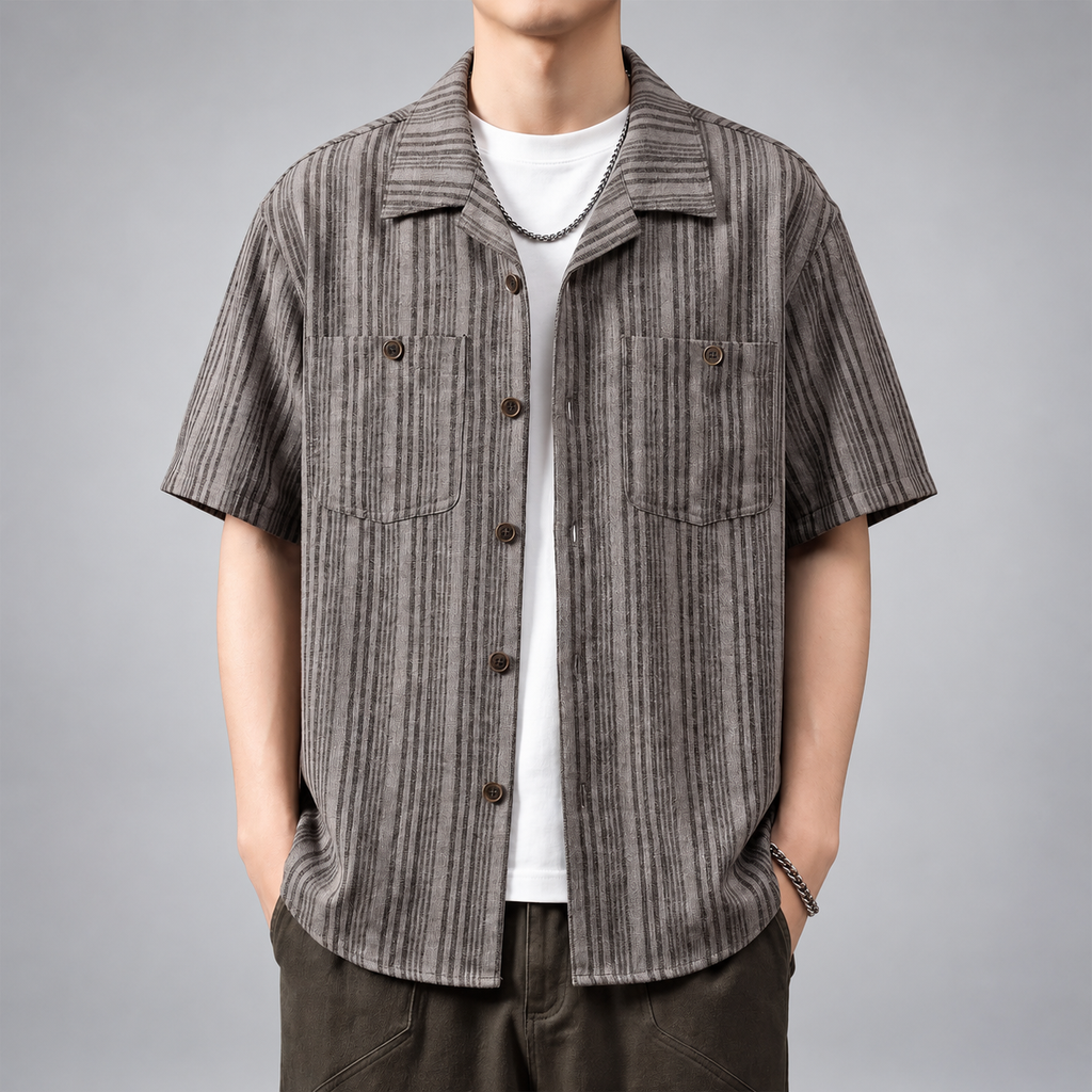 Amedeo Men's Textured Striped Short Sleeve Camp Collar Shirt