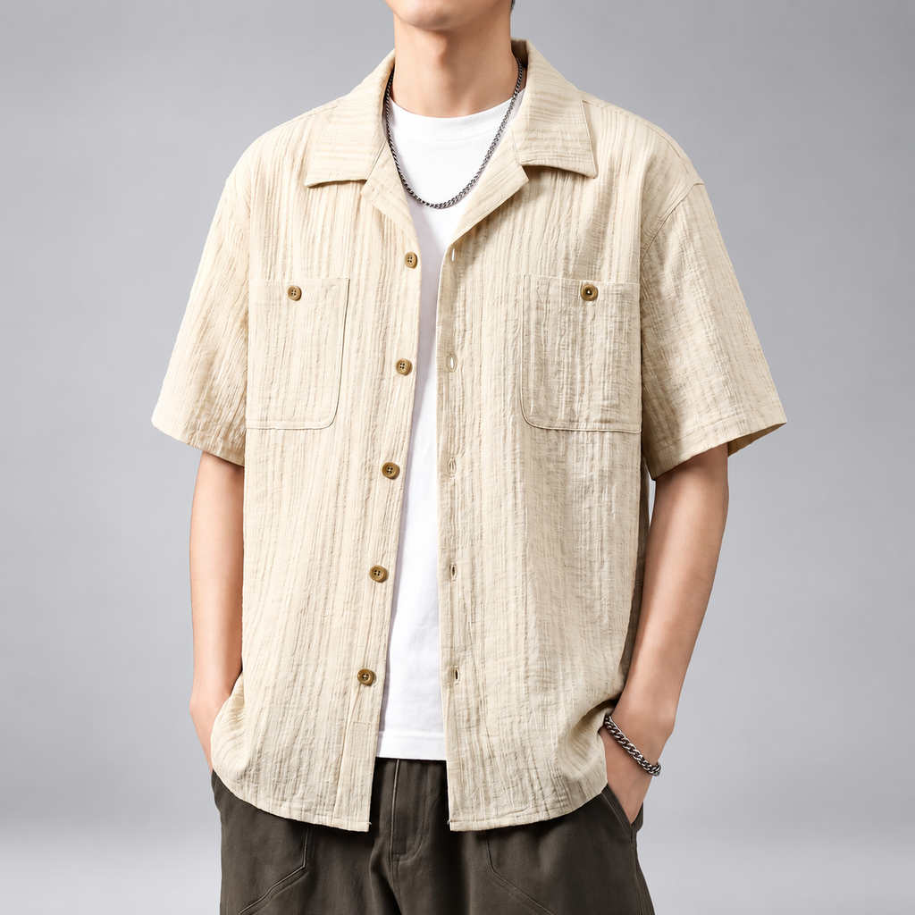 Amedeo Men's Textured Striped Short Sleeve Camp Collar Shirt