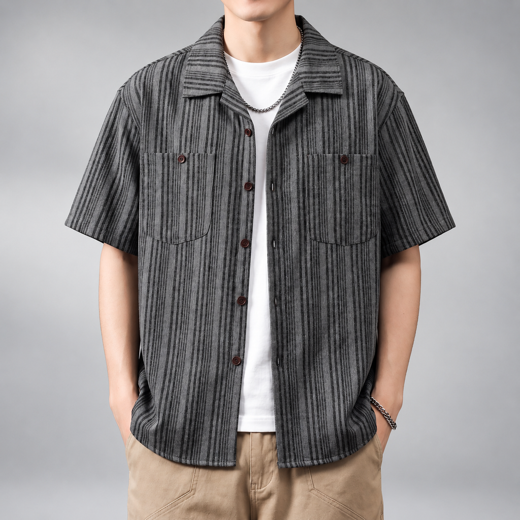 Amedeo Men's Textured Striped Short Sleeve Camp Collar Shirt
