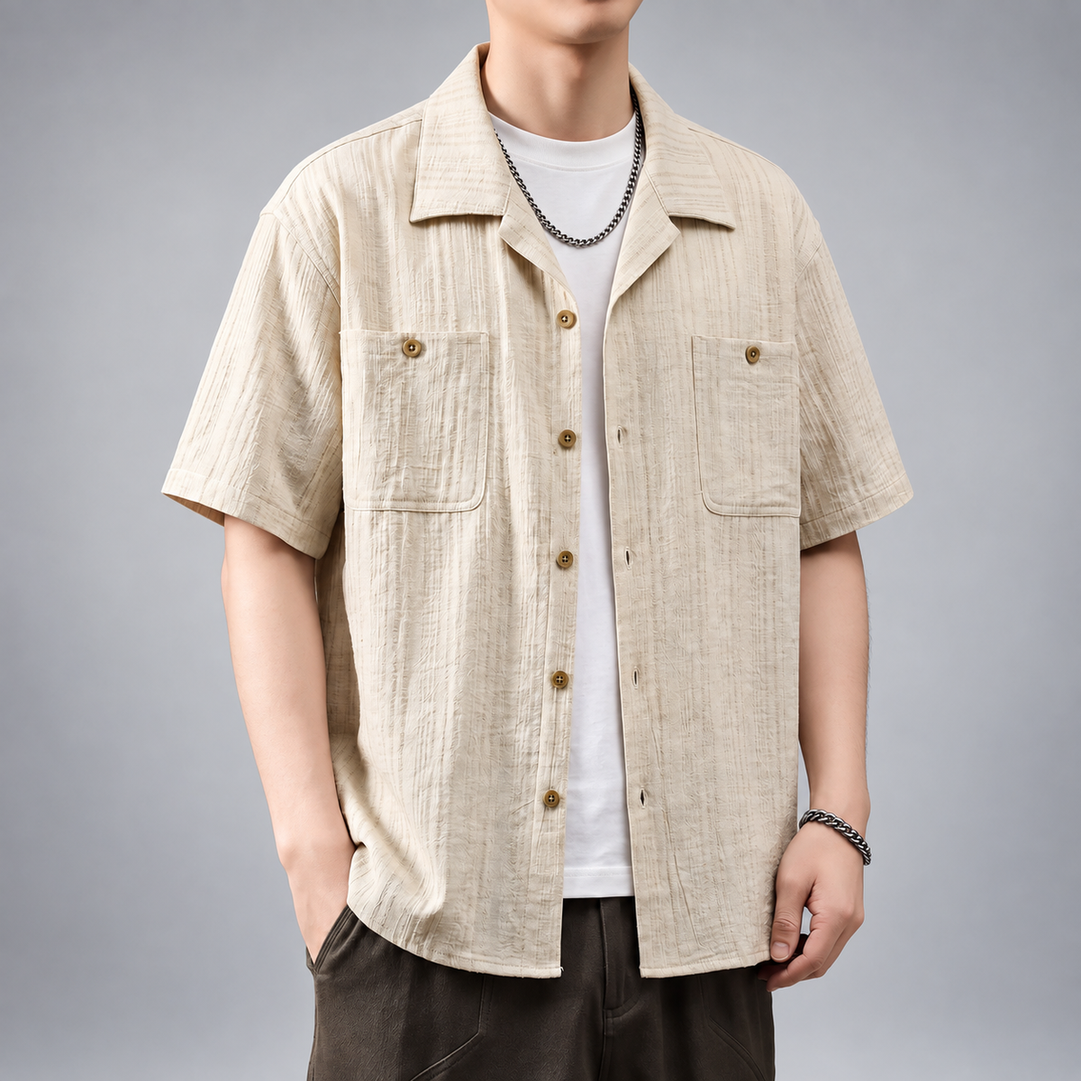 Amedeo Men's Textured Striped Short Sleeve Camp Collar Shirt