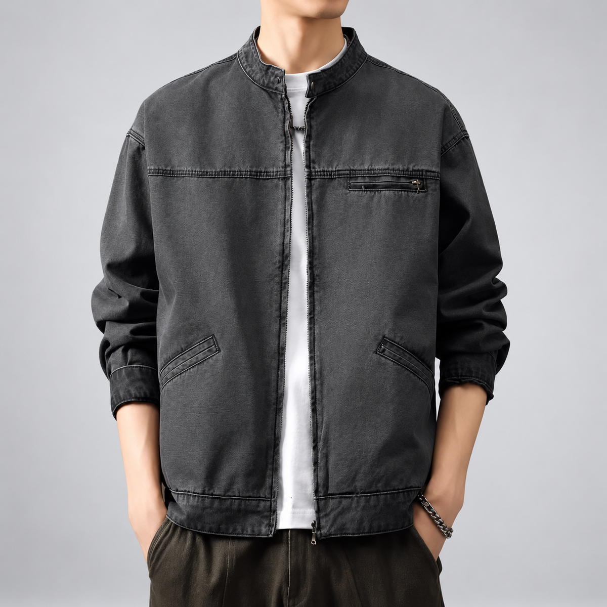 Oswin Men's Washed Zip-Front Jacket with Stand Collar