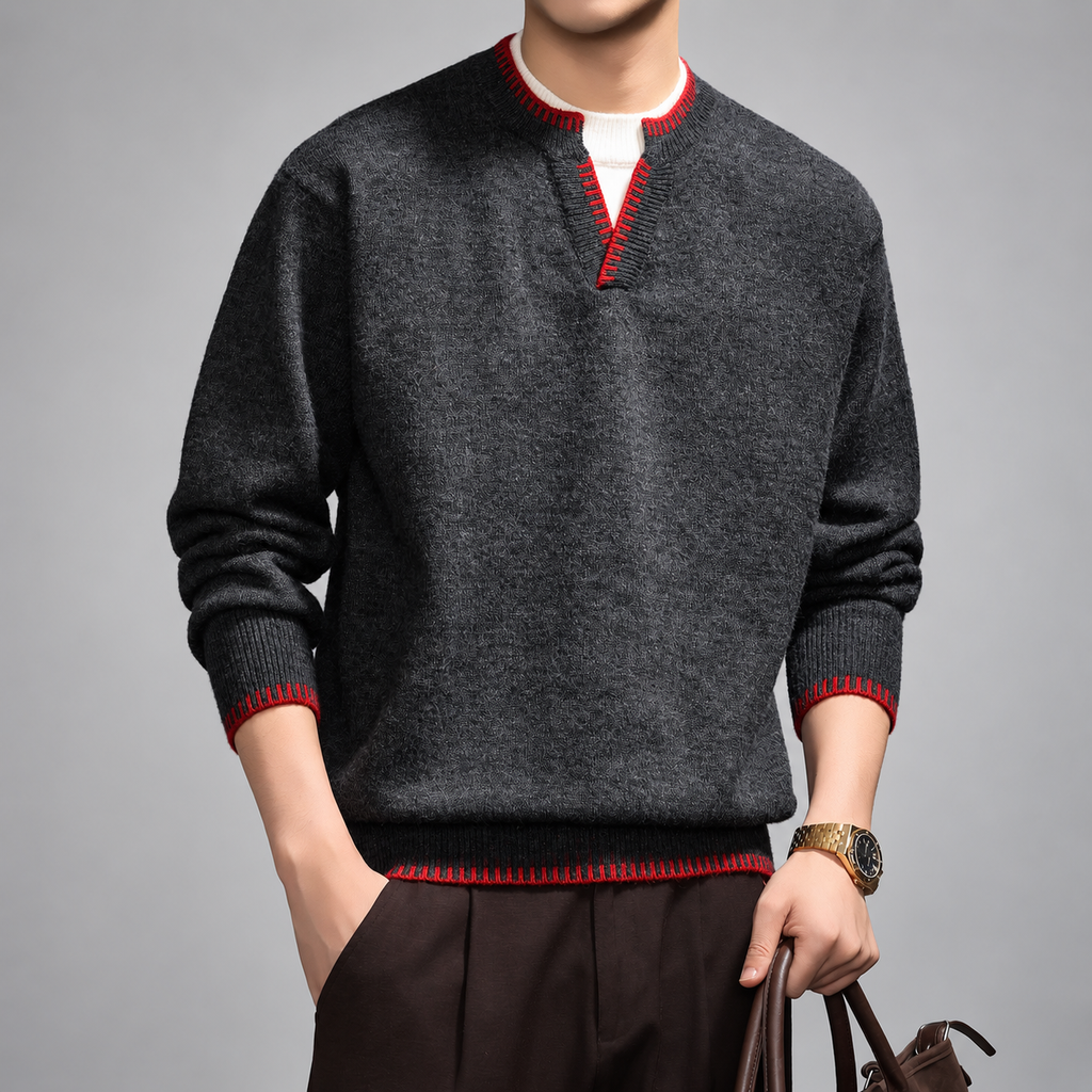 Montaro Men's Notch-Neck Knit Sweater with Red Contrast Trim