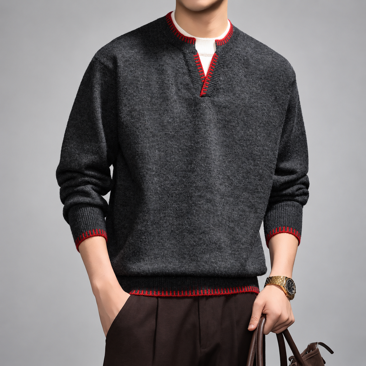 Montaro Men's Notch-Neck Knit Sweater with Red Contrast Trim