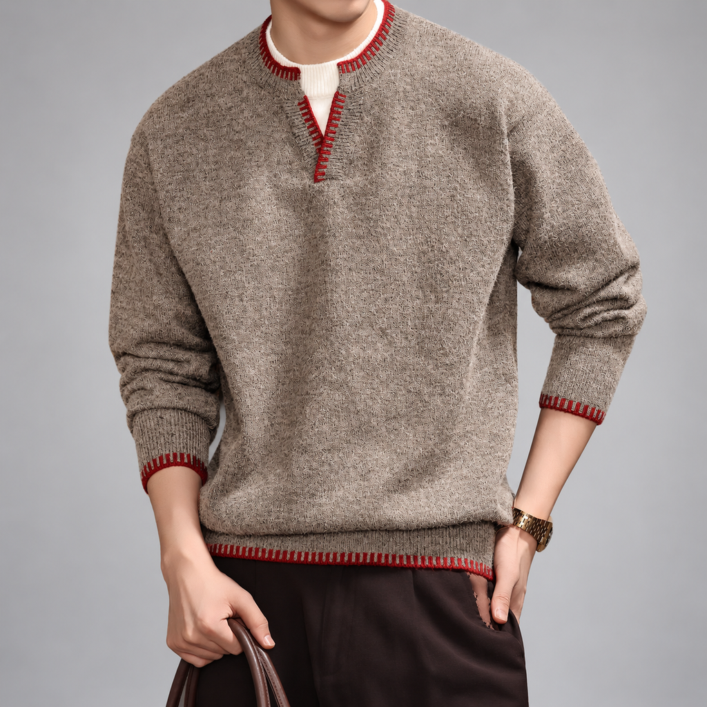Montaro Men's Notch-Neck Knit Sweater with Red Contrast Trim