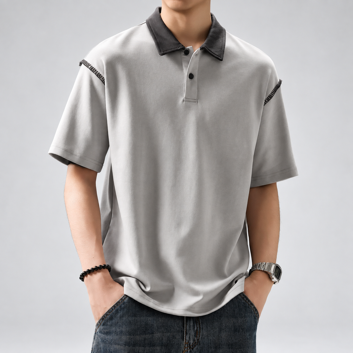 Lazare Men's Contrast Stitch Polo Shirt with Button Placket