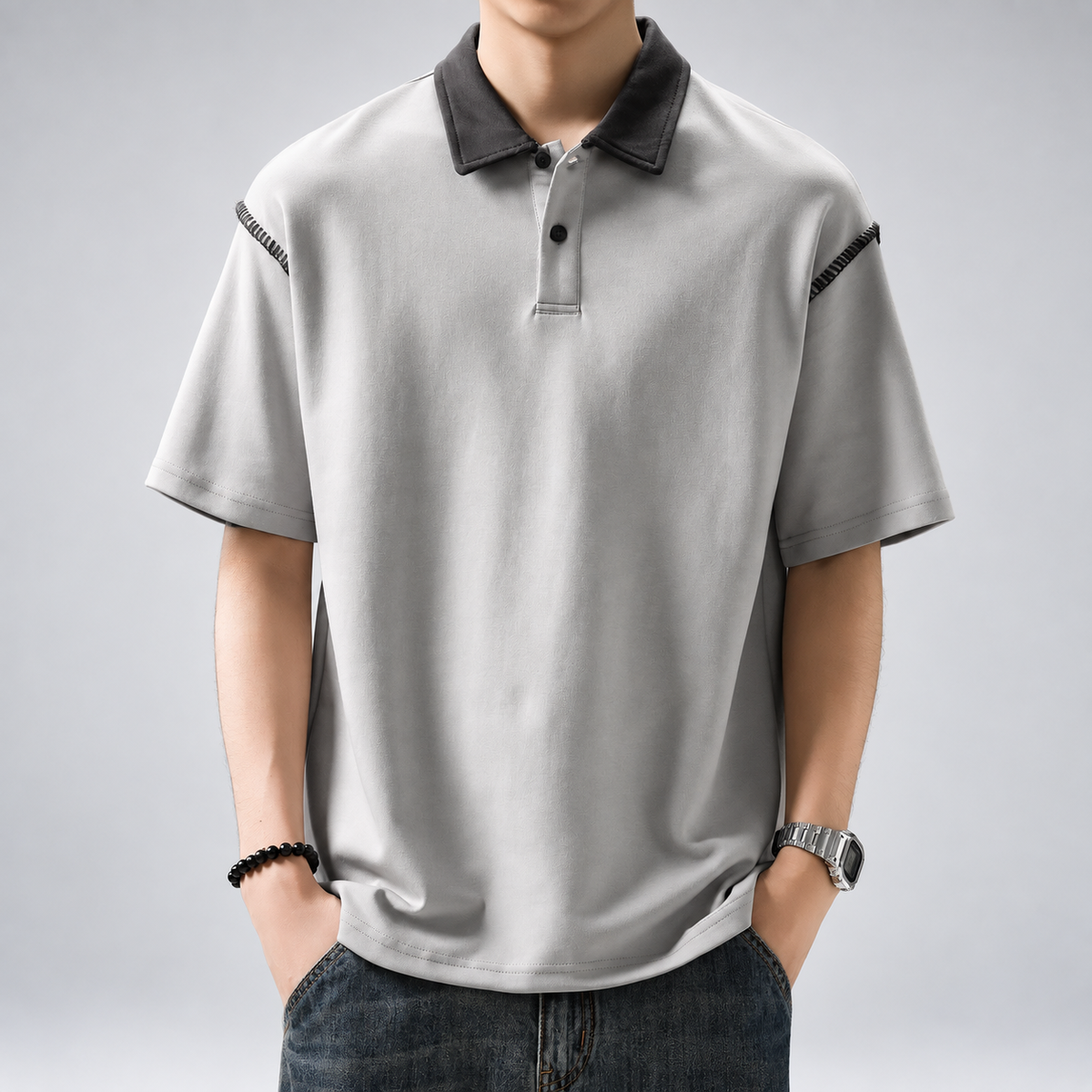 Lazare Men's Contrast Stitch Polo Shirt with Button Placket