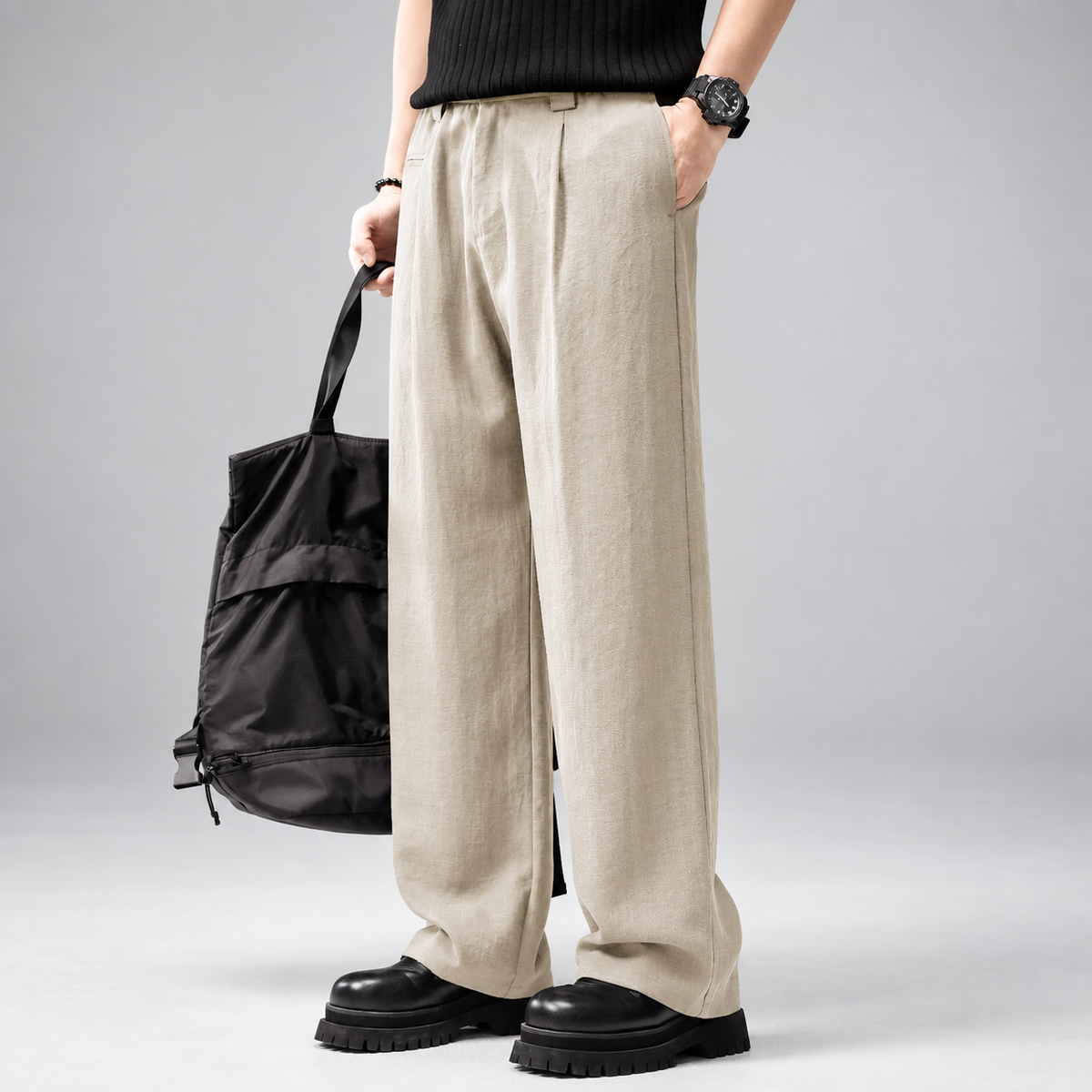Florentin Men's Pleated Wide-Leg Pants with Textured Finish