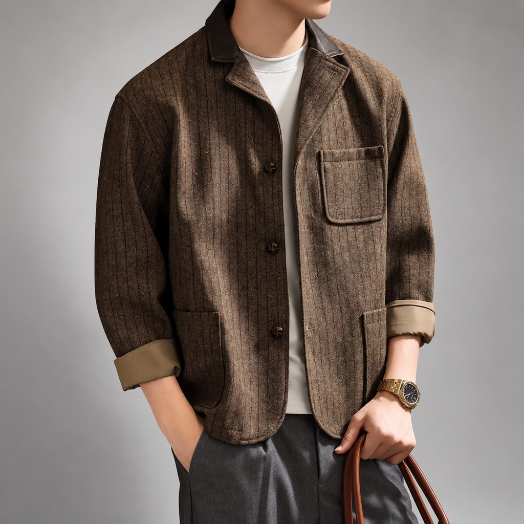 Giles Herringbone Men's Stripe Jacket with Contrast Collar
