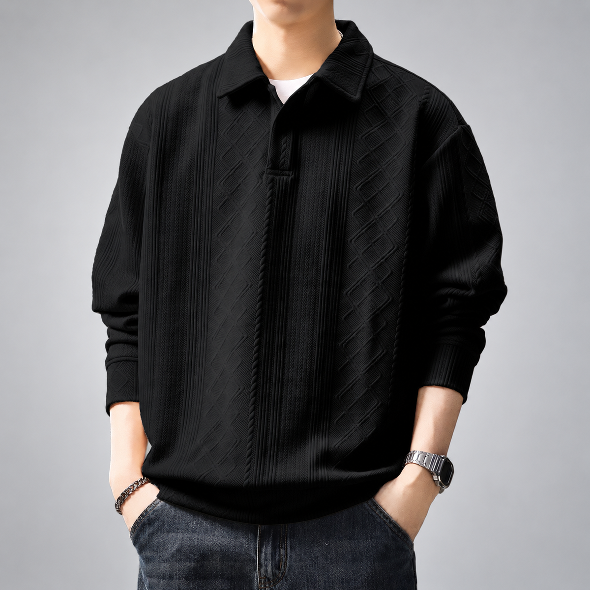 Elliot Men's Diamond Textured Long Sleeve Polo Pullover