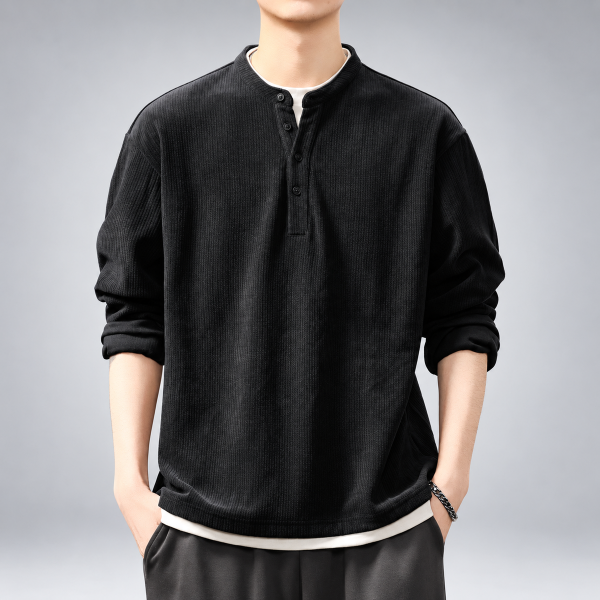 Tiberio Men’s Four-Button Henley Shirt with Stand Collar