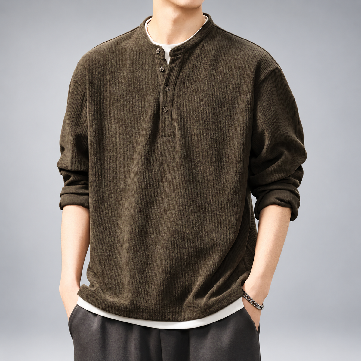 Tiberio Men’s Four-Button Henley Shirt with Stand Collar