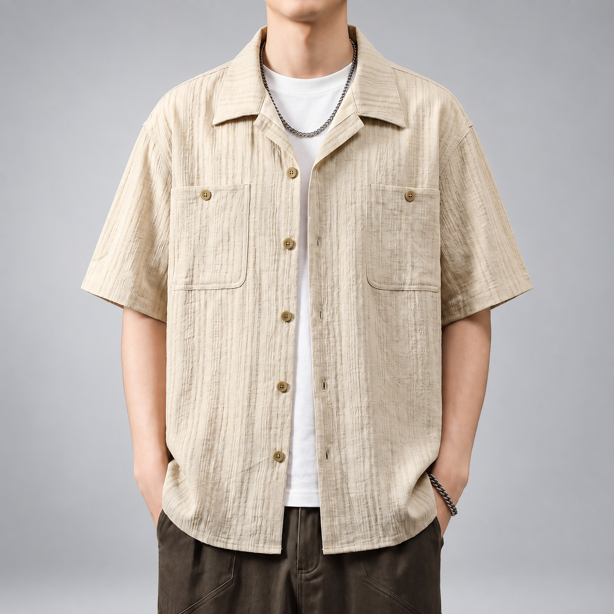 Amedeo Men's Textured Striped Short Sleeve Camp Collar Shirt