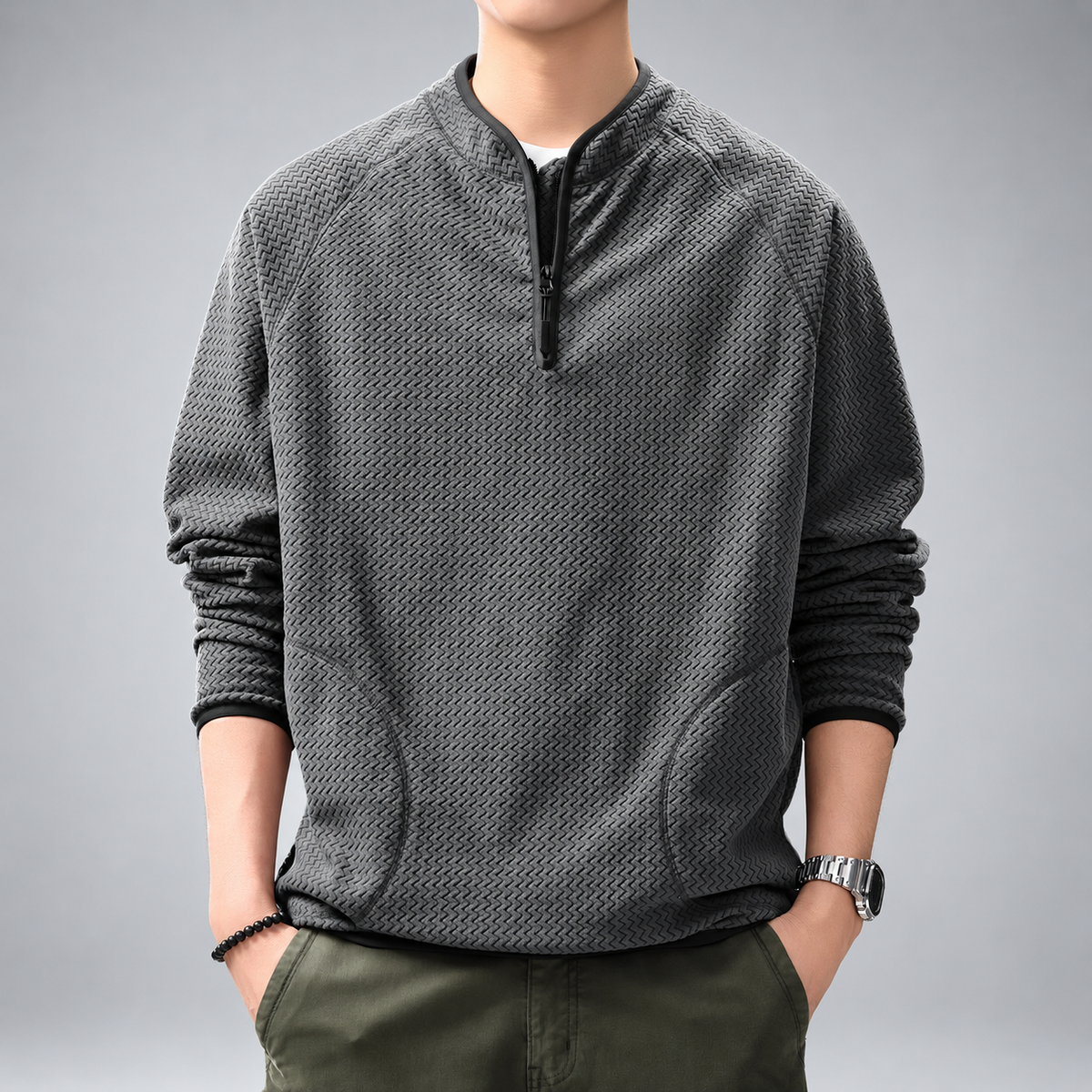 Ermes Men's Zigzag Textured Quarter-Zip Pullover with Stand Collar