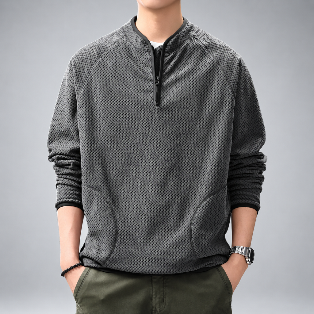Ermes Men's Zigzag Textured Quarter-Zip Pullover with Stand Collar