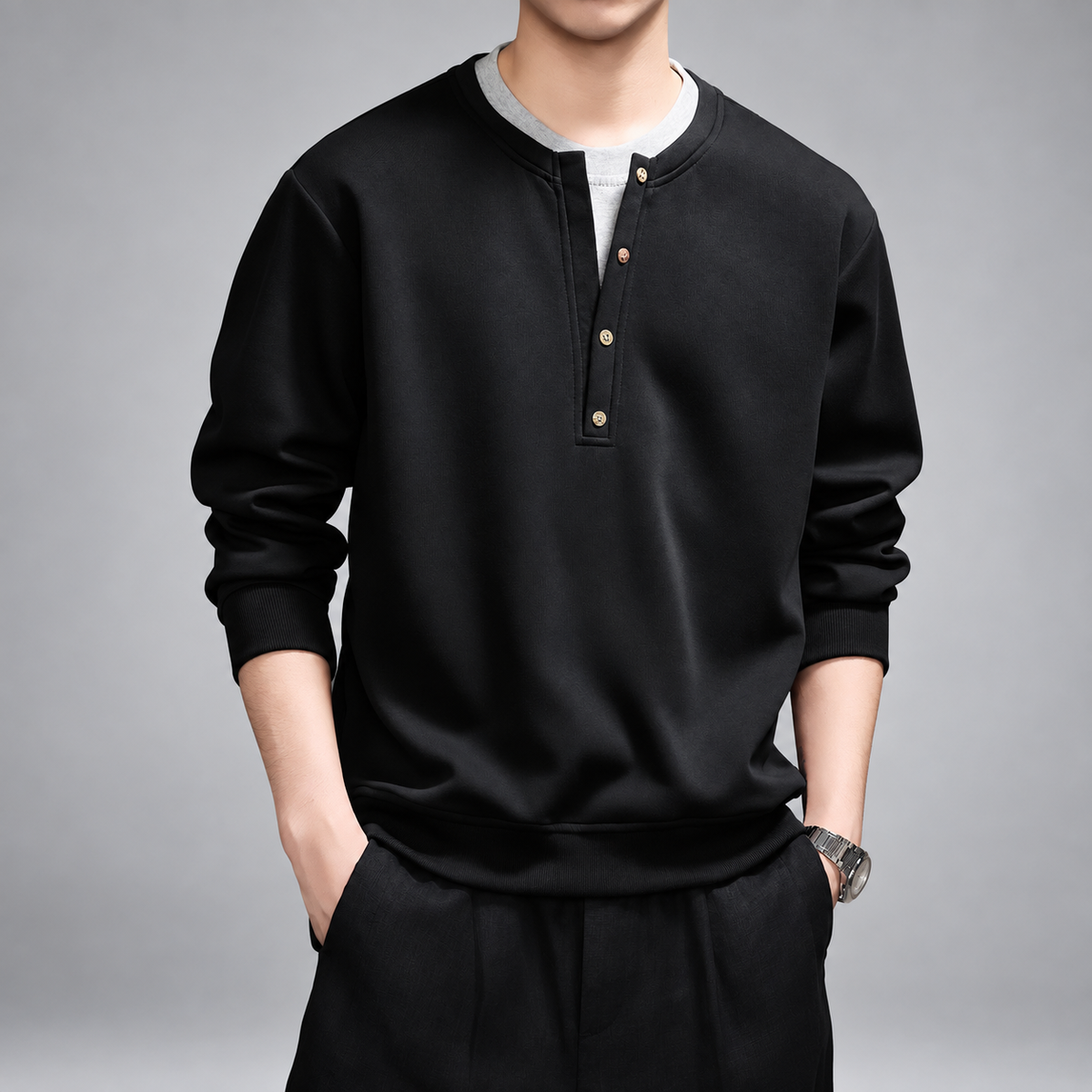 Clemente Men's Long-Sleeve Henley Pullover with Ribbed Hem