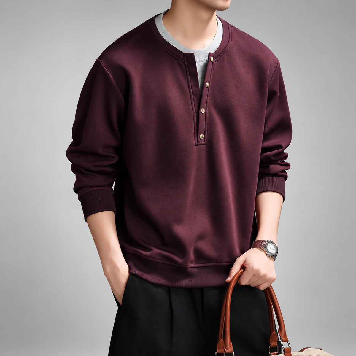 Clemente Men's Long-Sleeve Henley Pullover with Ribbed Hem