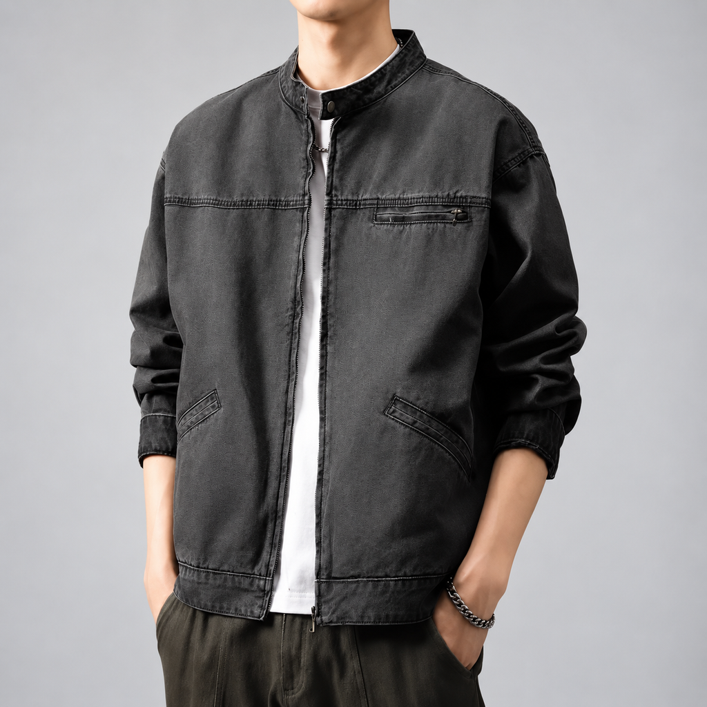 Oswin Men's Washed Zip-Front Jacket with Stand Collar
