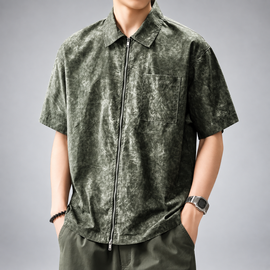 Pierluigi Men's Relaxed Short-Sleeve Collared Shirt with Two-Way Zipper