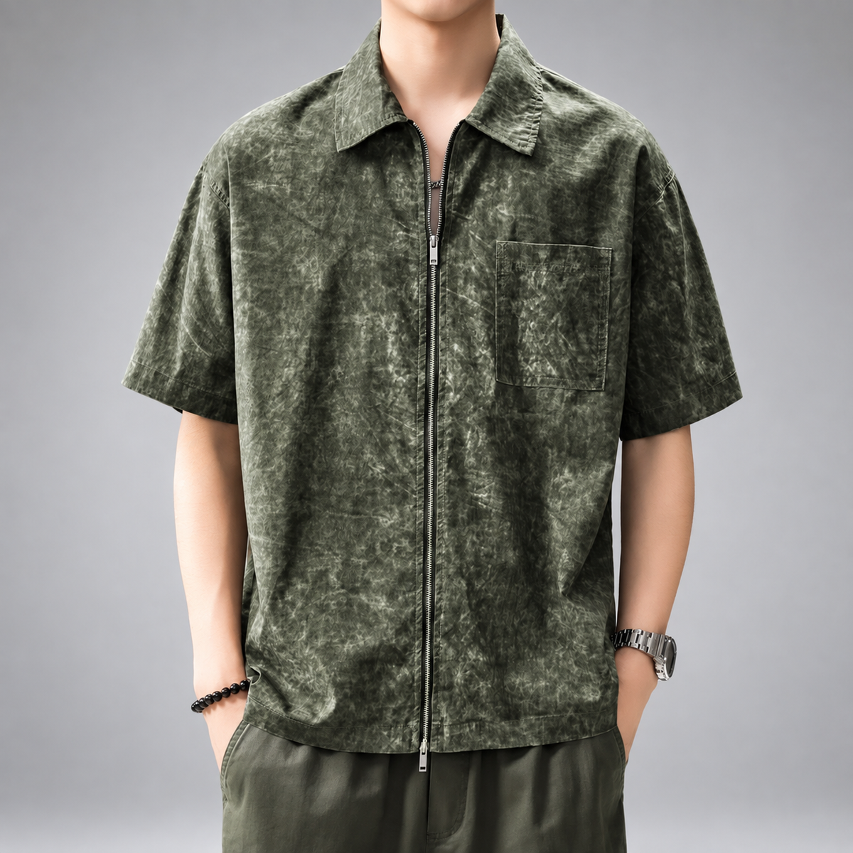 Pierluigi Men's Relaxed Short-Sleeve Collared Shirt with Two-Way Zipper