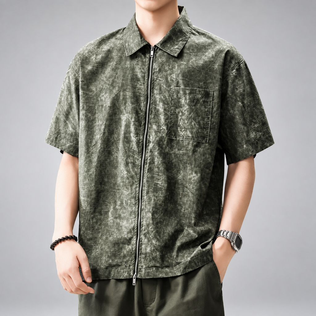 Pierluigi Men's Relaxed Short-Sleeve Collared Shirt with Two-Way Zipper