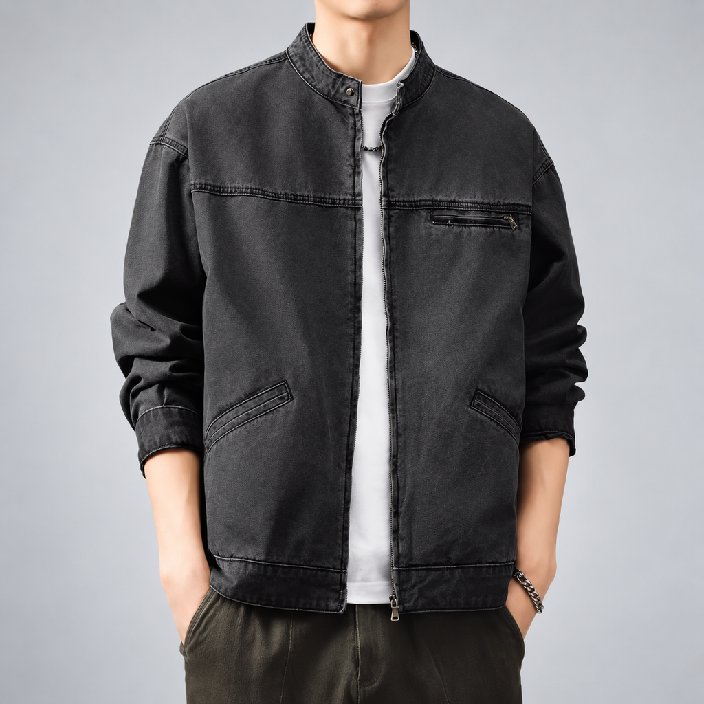 Oswin Men's Washed Zip-Front Jacket with Stand Collar