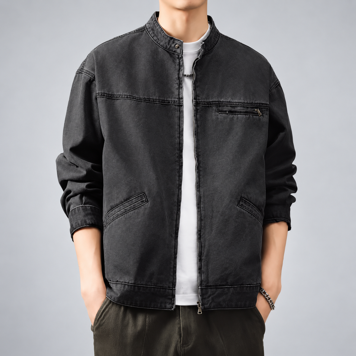 Oswin Men's Washed Zip-Front Jacket with Stand Collar