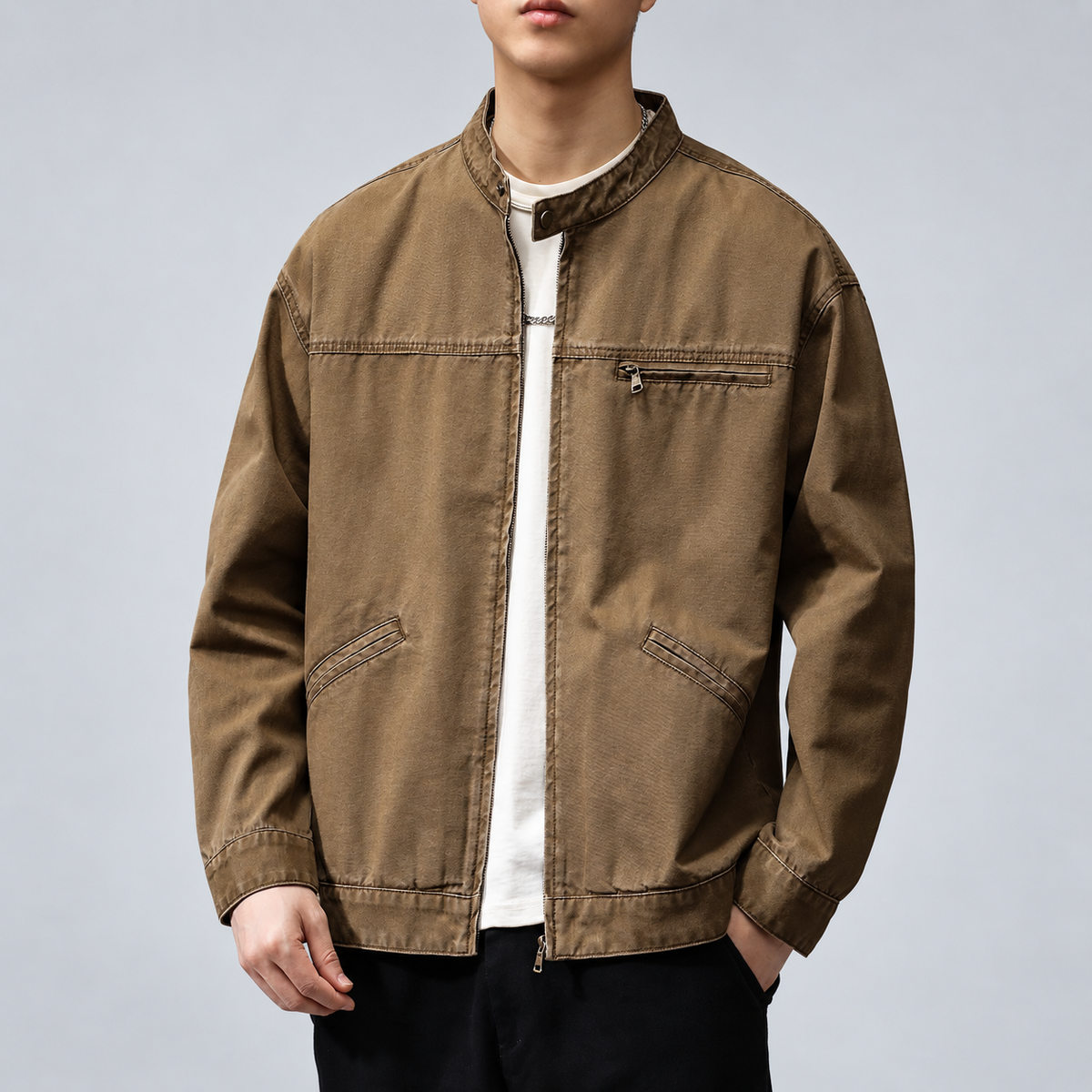 Oswin Men's Washed Zip-Front Jacket with Stand Collar